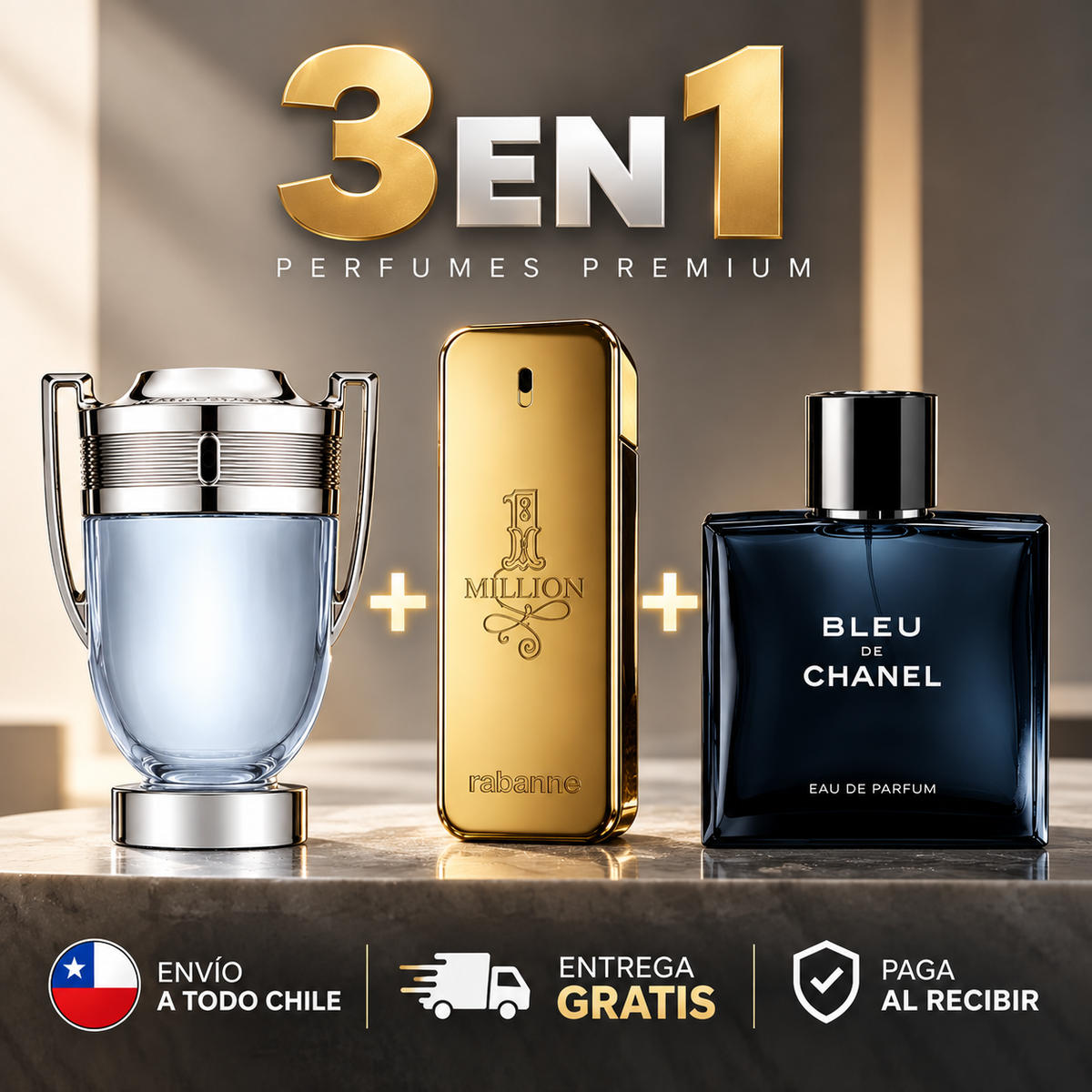 KIT DE 3 PERFUMES PRIMIUM DE 100ML cada uno | Invictus + 1 Million + Bleu de Chanel
